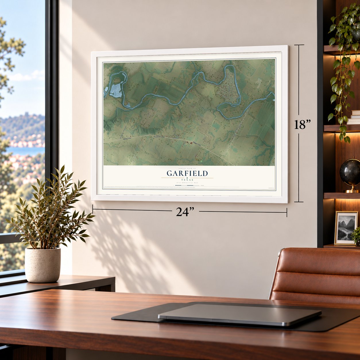 Garfield, Texas map, 18 x 24 inch print in a white frame in a home office