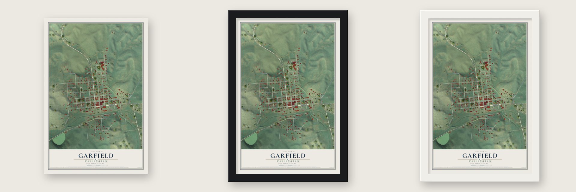 Garfield, Washington map unframed, in a black wood frame and in a white wood frame