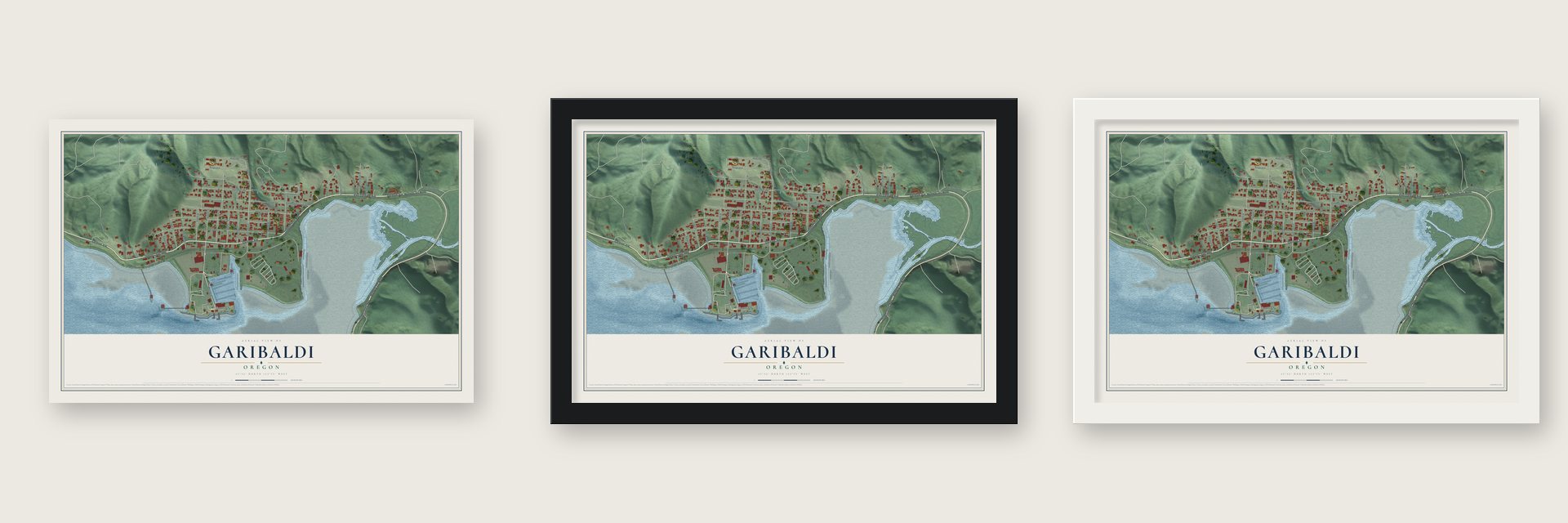 Garibaldi, Oregon map unframed, in a black wood frame and in a white wood frame