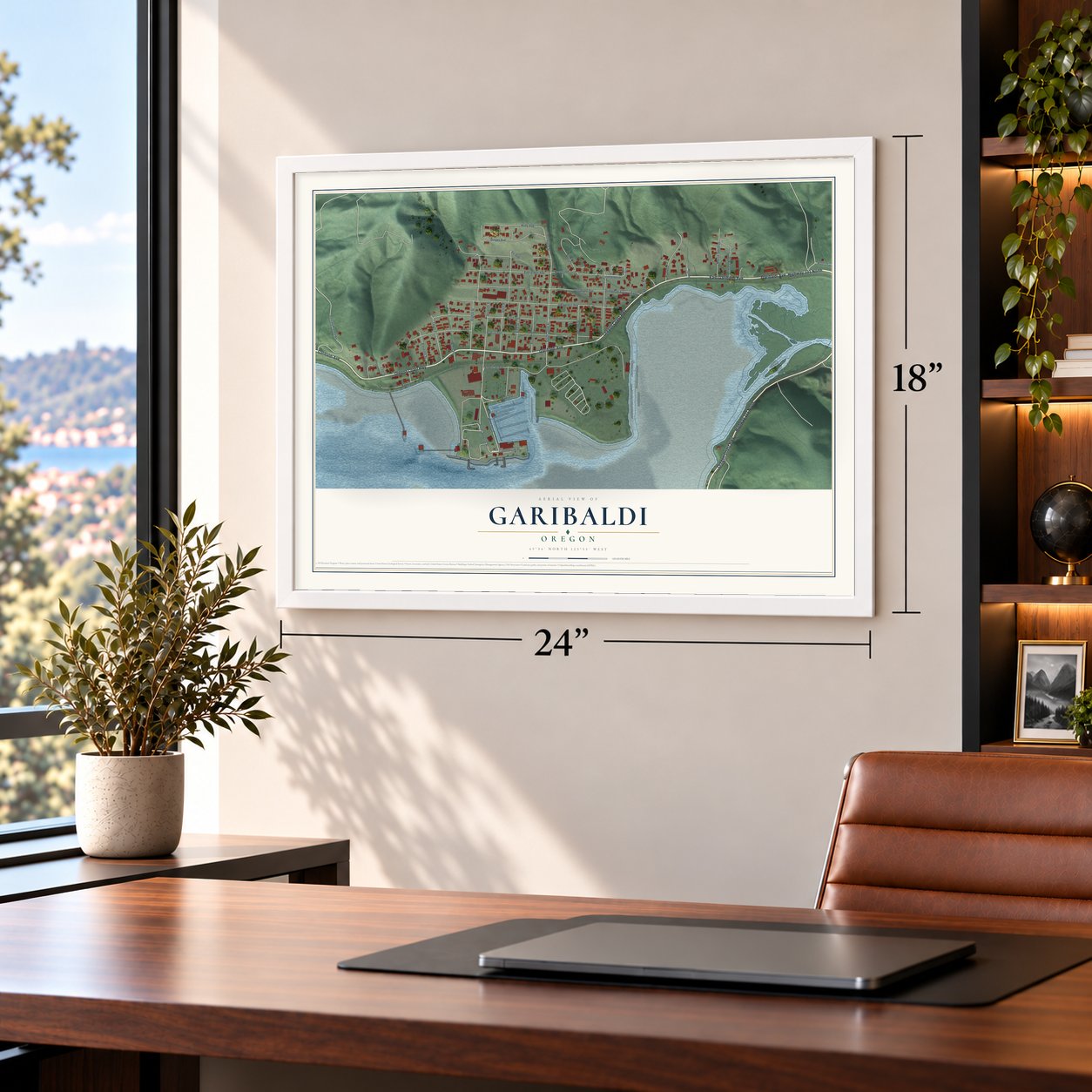 Garibaldi, Oregon map, 18 x 24 inch print in a white frame in a home office