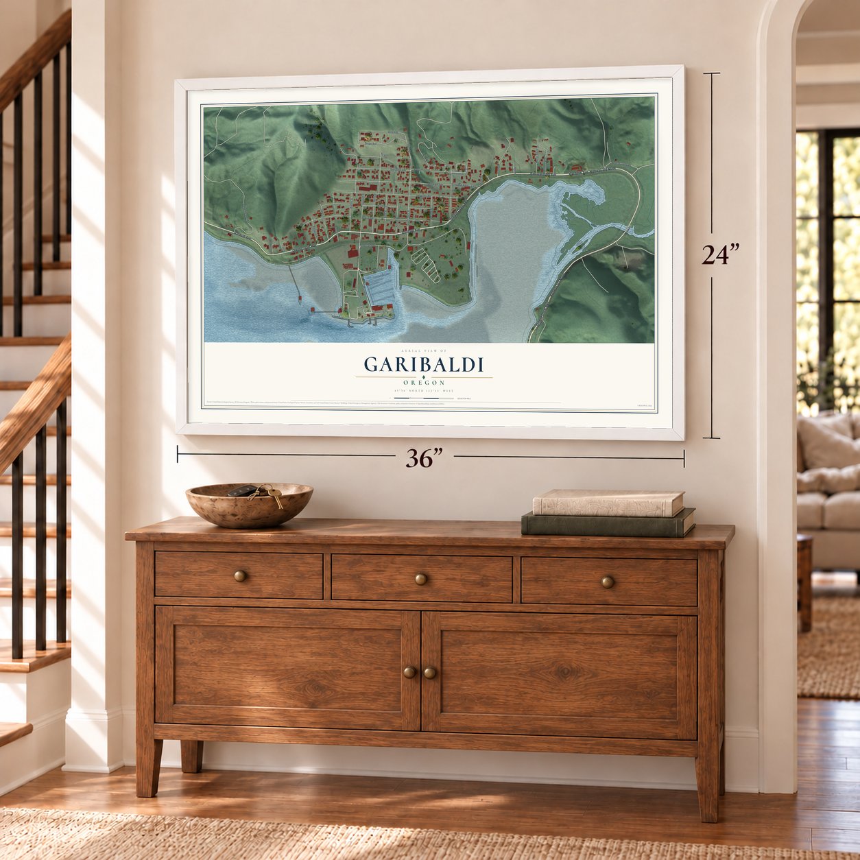 Garibaldi, Oregon map, 24 x 36 inch print in a white frame above a dresser by a staircase