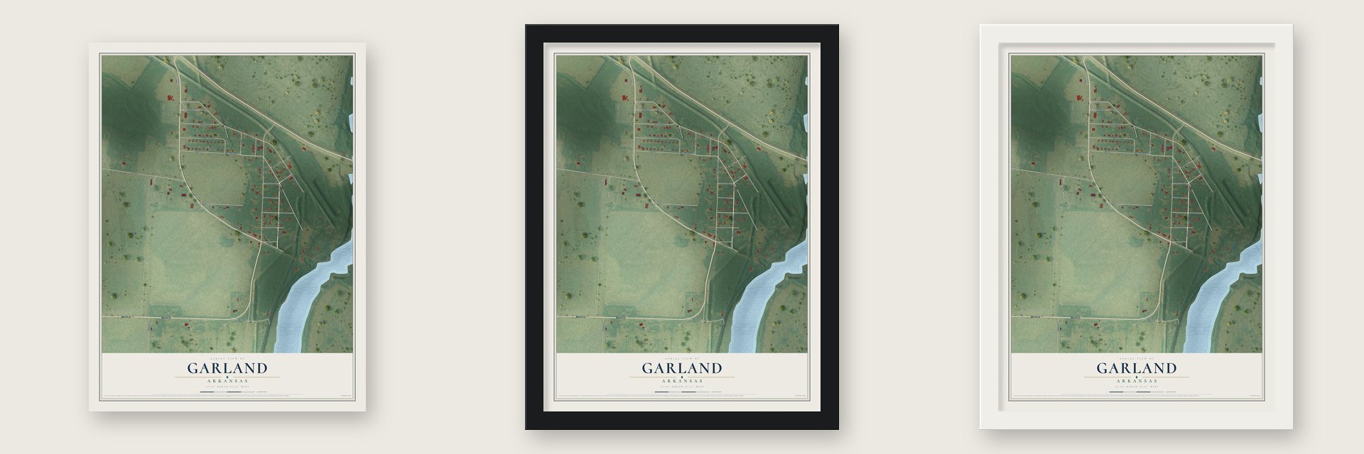 Garland, Arkansas map unframed, in a black wood frame and in a white wood frame