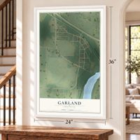 Garland, Arkansas map, 24 x 36 inch print in a white frame by a staircase