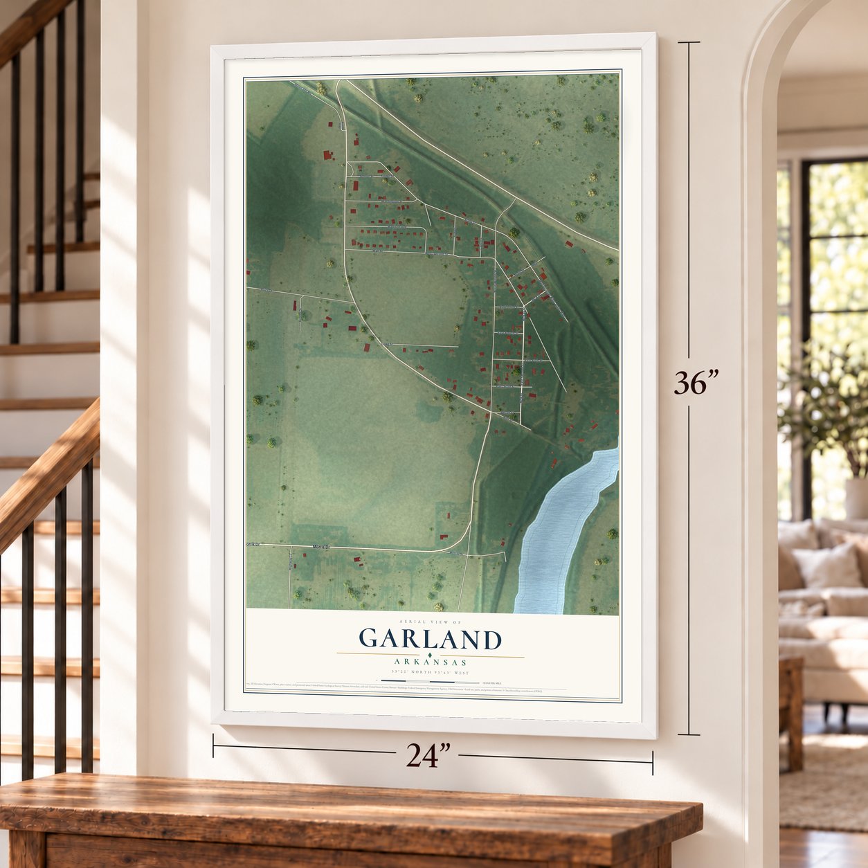 Garland, Arkansas map, 24 x 36 inch print in a white frame by a staircase