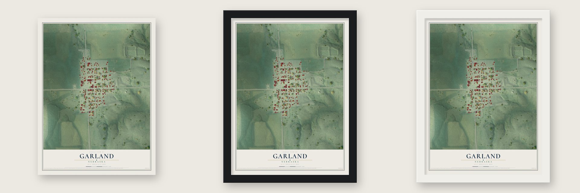 Garland, Nebraska map unframed, in a black wood frame and in a white wood frame