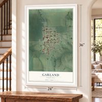 Garland, Nebraska map, 24 x 36 inch print in a white frame by a staircase