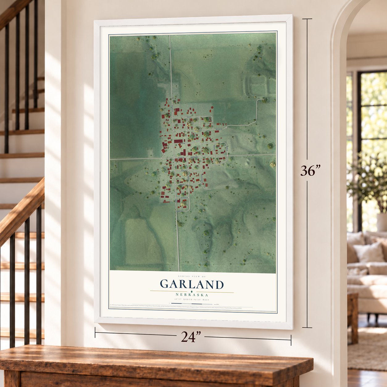Garland, Nebraska map, 24 x 36 inch print in a white frame by a staircase