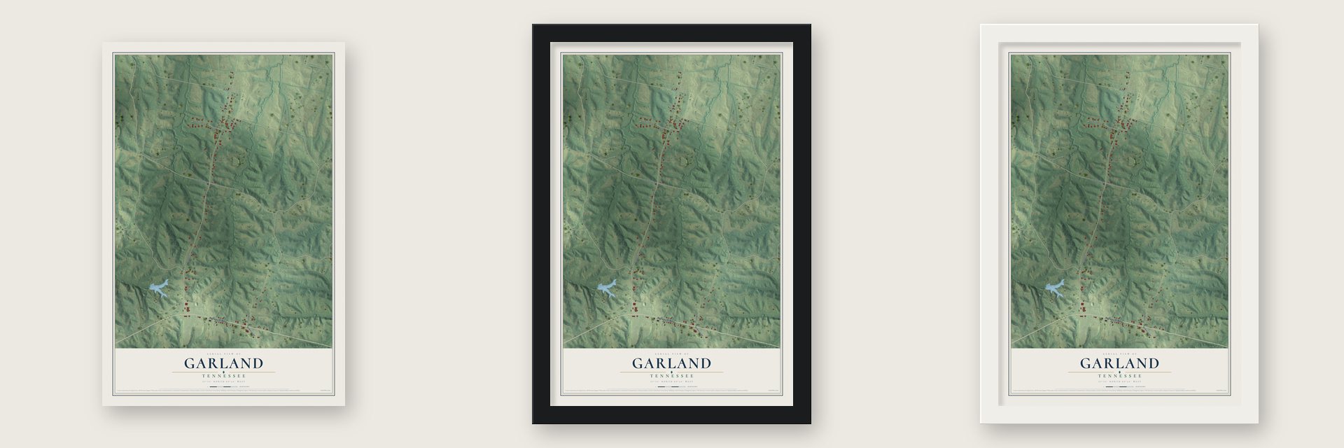 Garland, Tennessee map unframed, in a black wood frame and in a white wood frame
