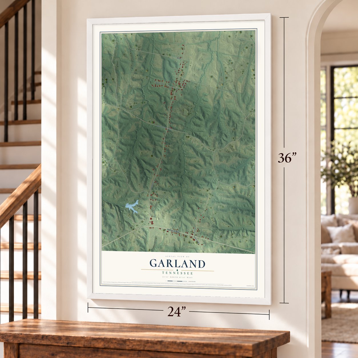 Garland, Tennessee map, 24 x 36 inch print in a white frame by a staircase