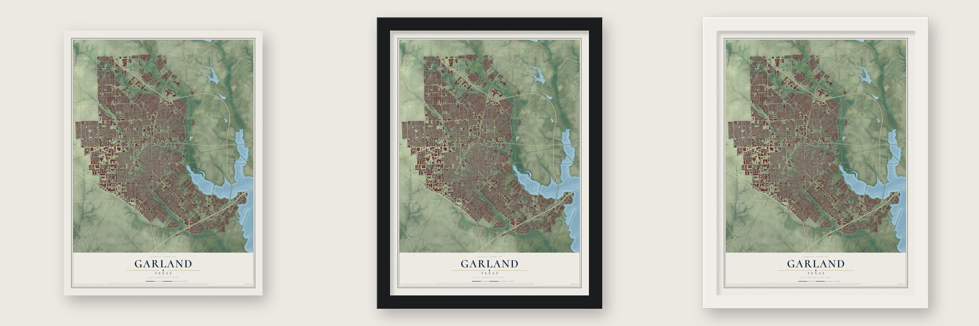 Garland, Texas map unframed, in a black wood frame and in a white wood frame