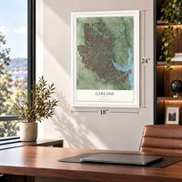 Garland, Texas map, 18 x 24 inch print in a white frame in a home office