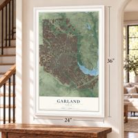 Garland, Texas map, 24 x 36 inch print in a white frame by a staircase
