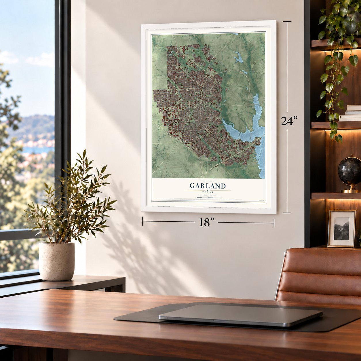 Garland, Texas map, 18 x 24 inch print in a white frame in a home office
