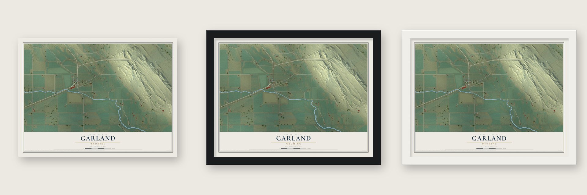 Garland, Wyoming map unframed, in a black wood frame and in a white wood frame