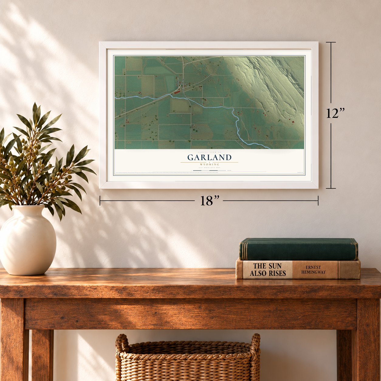 Garland, Wyoming map, 12 x 18 inch print in a white frame in an entryway
