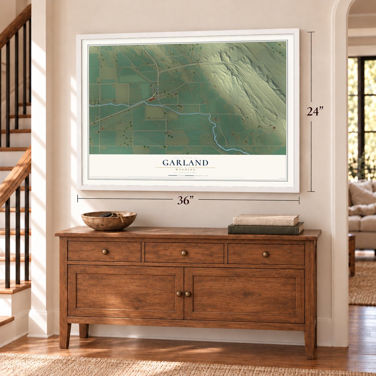 Garland, Wyoming map, 24 x 36 inch print in a white frame above a dresser by a staircase