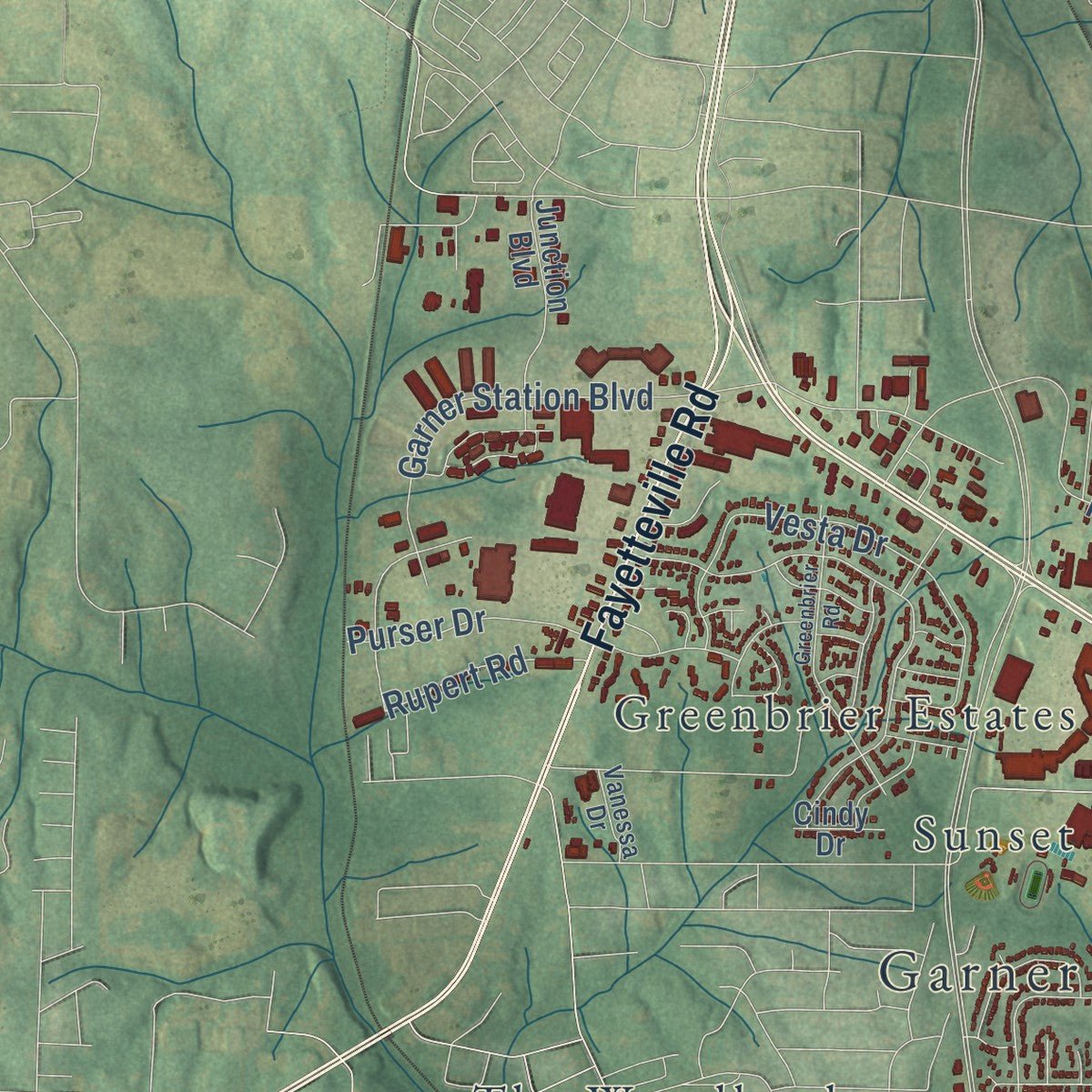 Second close-up of the map of Garner, North Carolina print showing more streets and buildings
