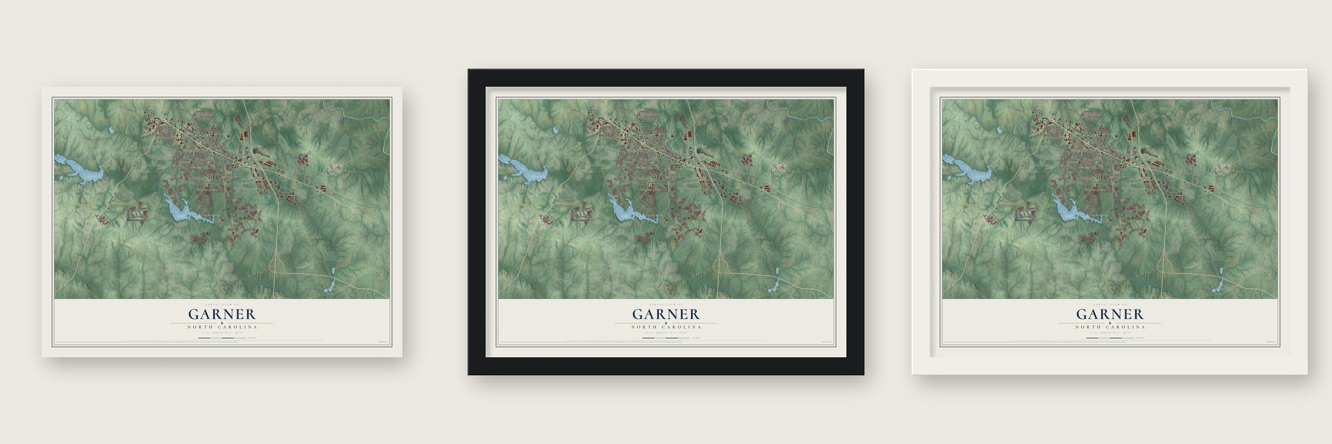 Garner, North Carolina map unframed, in a black wood frame and in a white wood frame