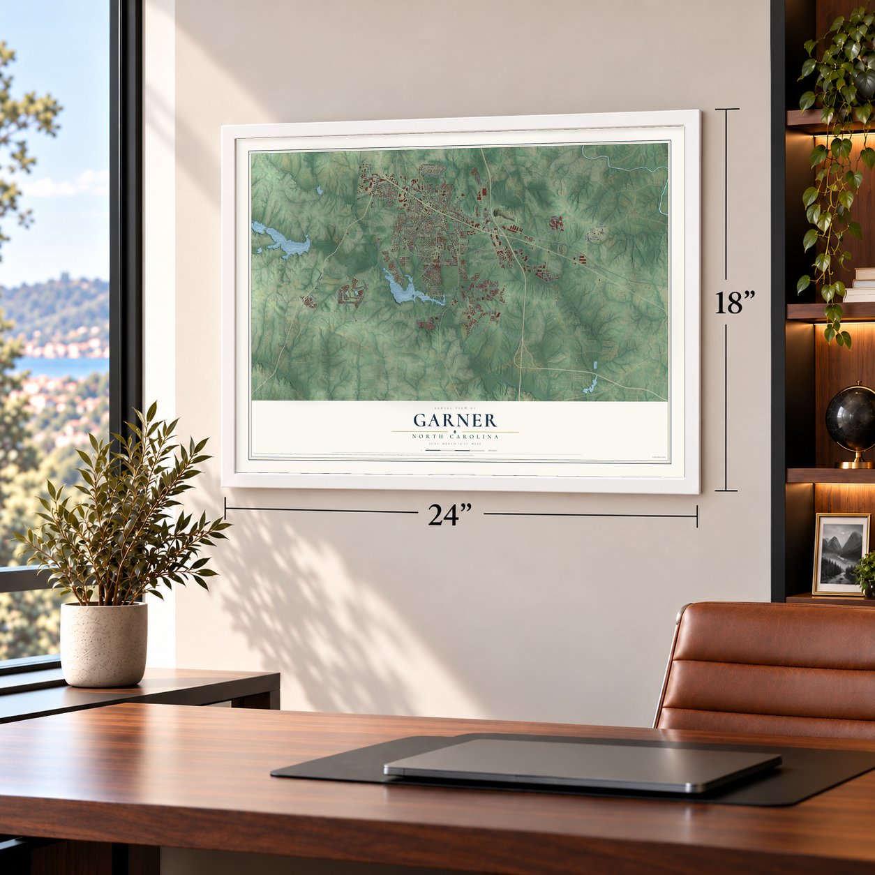 Garner, North Carolina map, 18 x 24 inch print in a white frame in a home office