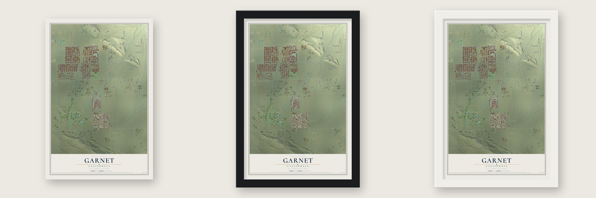 Garnet, California map unframed, in a black wood frame and in a white wood frame