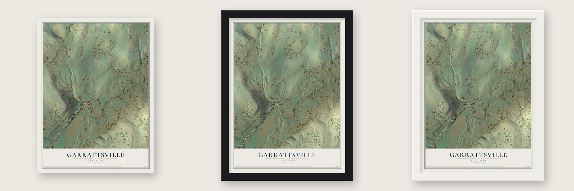 Garrattsville, New York map unframed, in a black wood frame and in a white wood frame