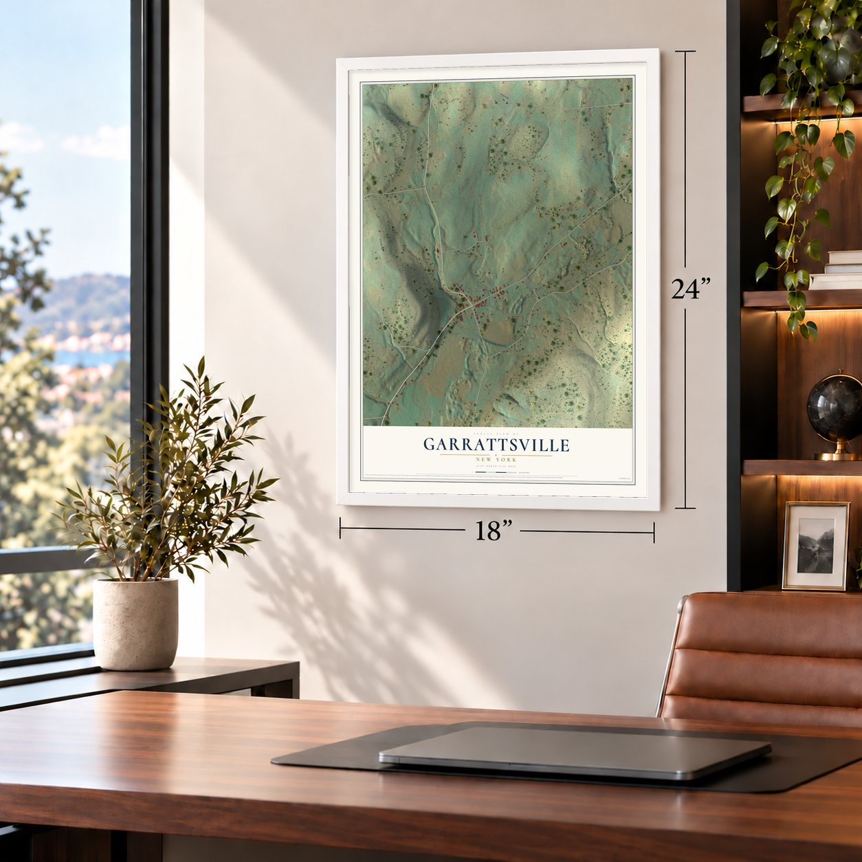 Garrattsville, New York map, 18 x 24 inch print in a white frame in a home office