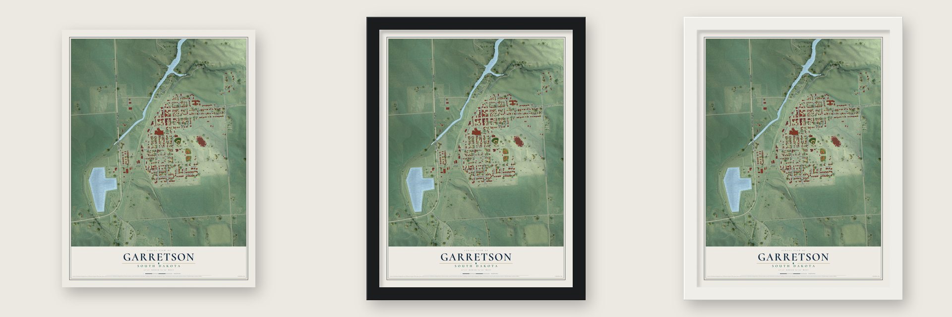 Garretson, South Dakota map unframed, in a black wood frame and in a white wood frame