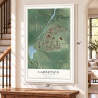 Garretson, South Dakota map, 24 x 36 inch print in a white frame by a staircase