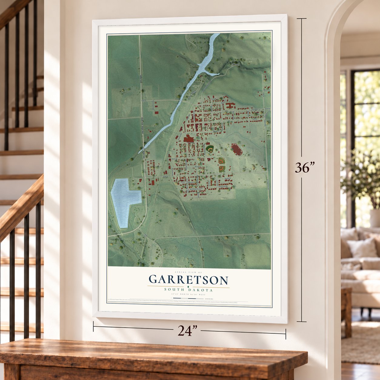 Garretson, South Dakota map, 24 x 36 inch print in a white frame by a staircase