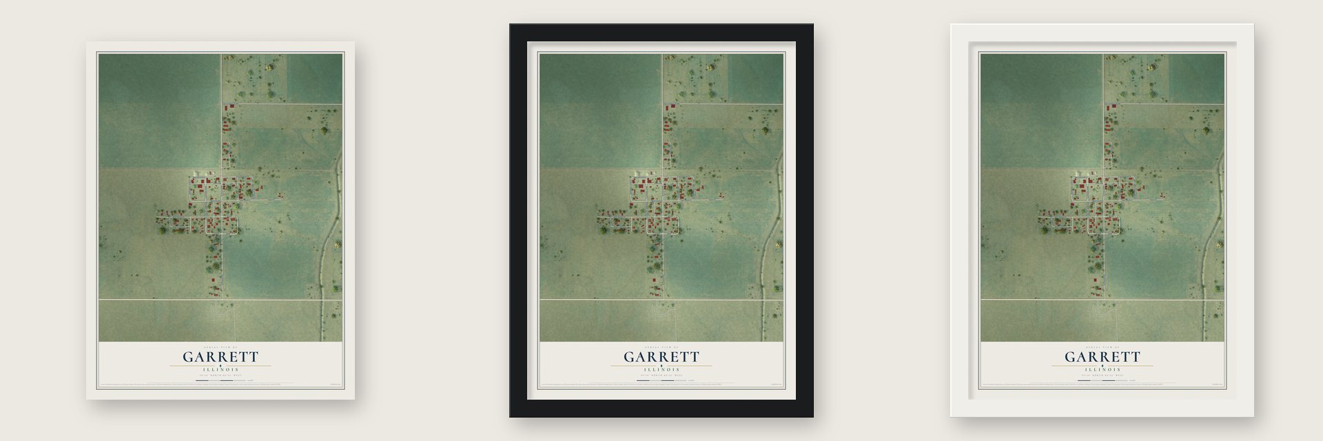 Garrett, Illinois map unframed, in a black wood frame and in a white wood frame