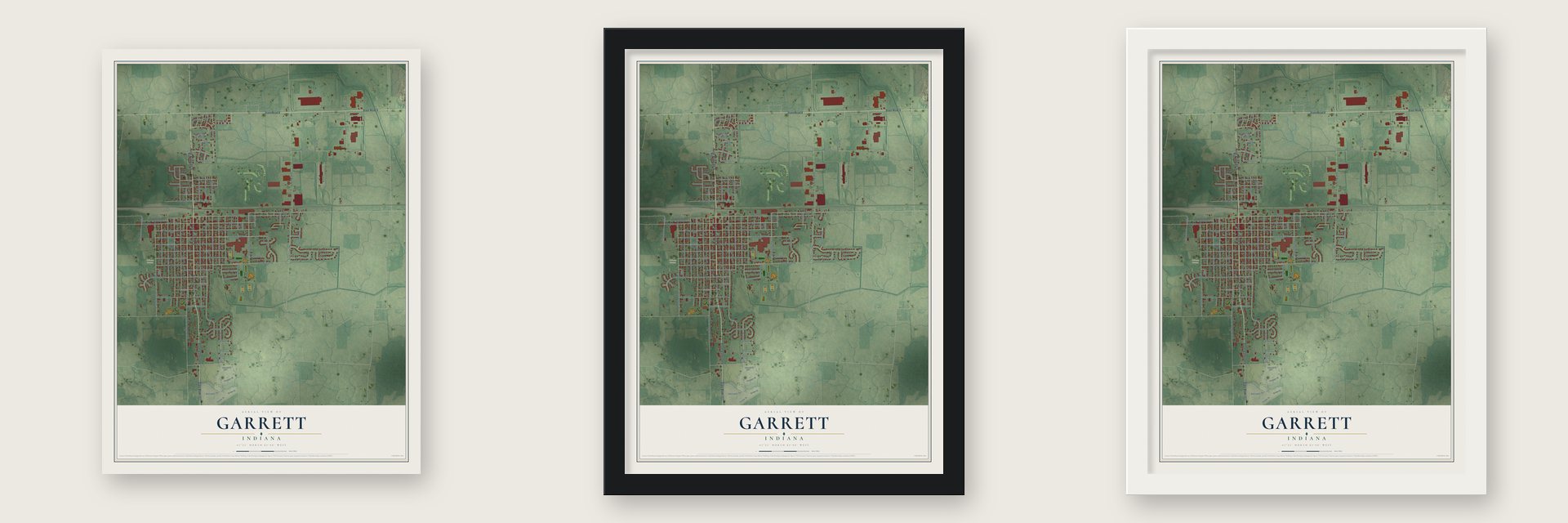Garrett, Indiana map unframed, in a black wood frame and in a white wood frame