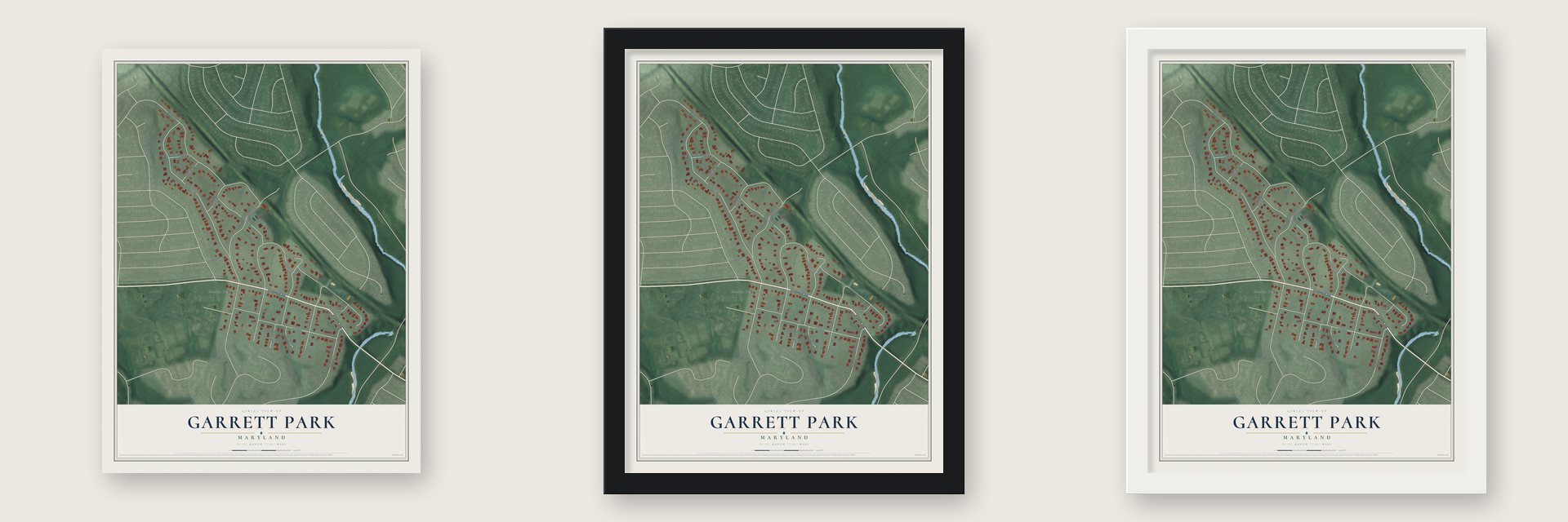 Garrett Park, Maryland map unframed, in a black wood frame and in a white wood frame