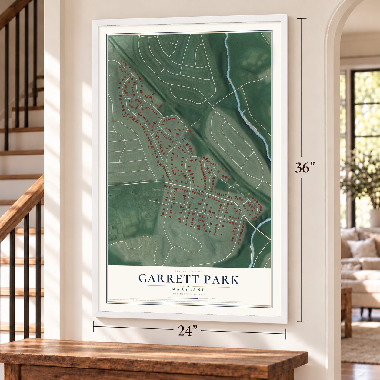 Garrett Park, Maryland map, 24 x 36 inch print in a white frame by a staircase