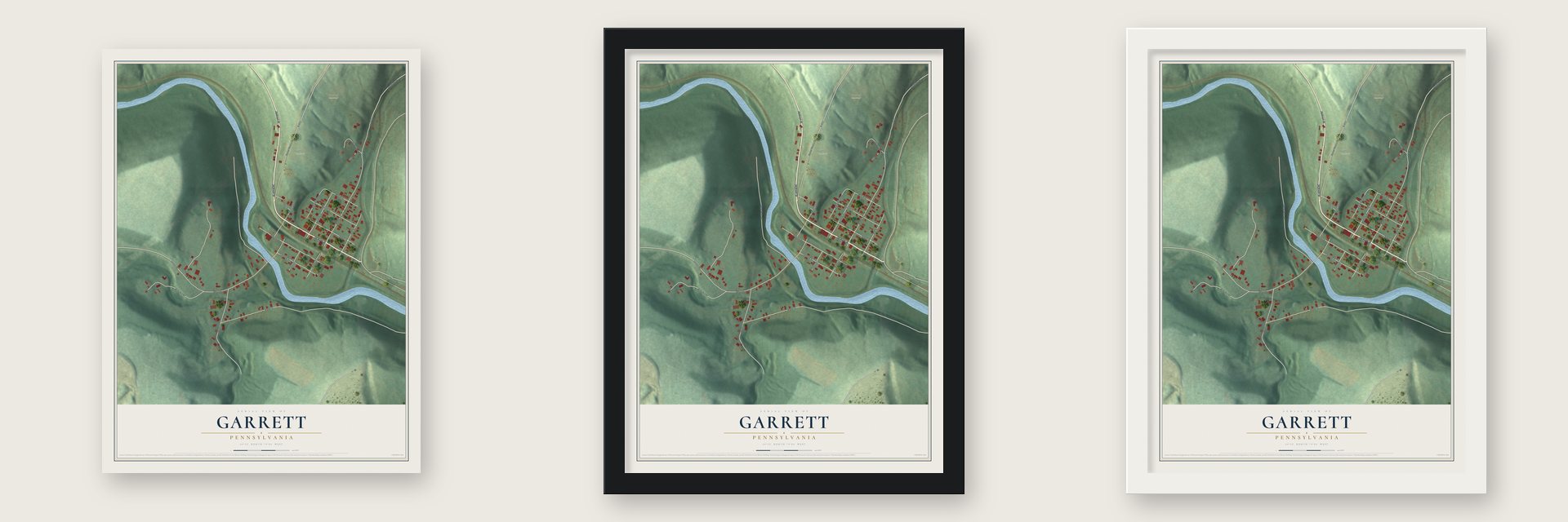 Garrett, Pennsylvania map unframed, in a black wood frame and in a white wood frame
