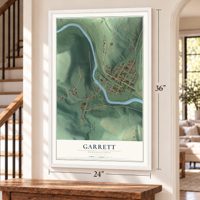 Garrett, Pennsylvania map, 24 x 36 inch print in a white frame by a staircase