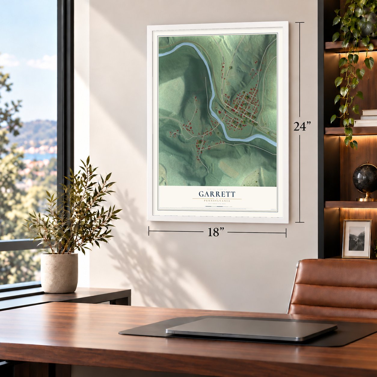 Garrett, Pennsylvania map, 18 x 24 inch print in a white frame in a home office