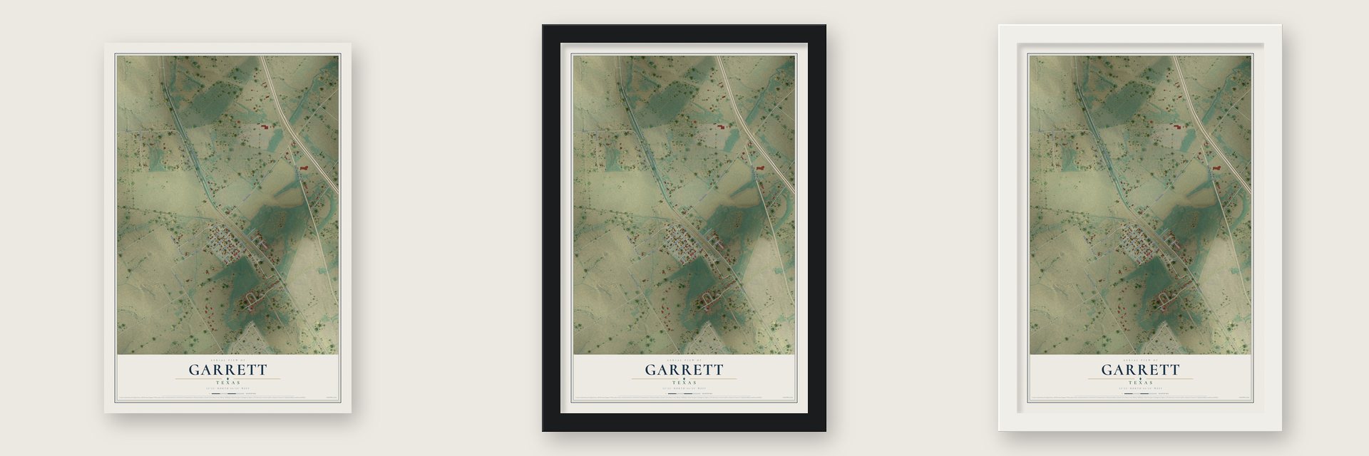 Garrett, Texas map unframed, in a black wood frame and in a white wood frame