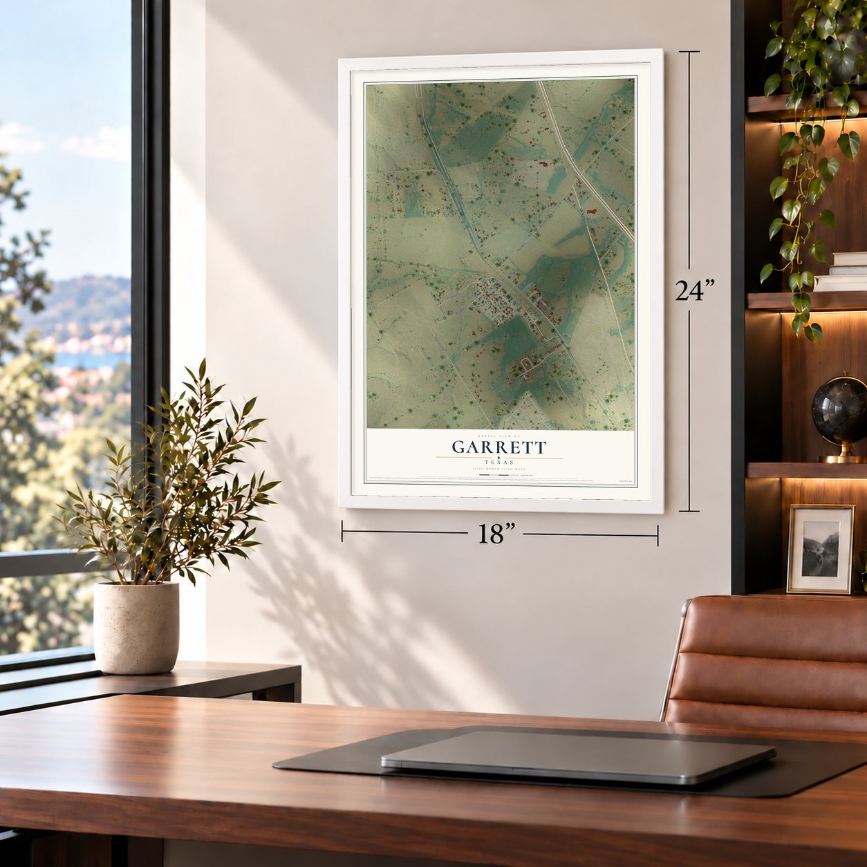 Garrett, Texas map, 18 x 24 inch print in a white frame in a home office