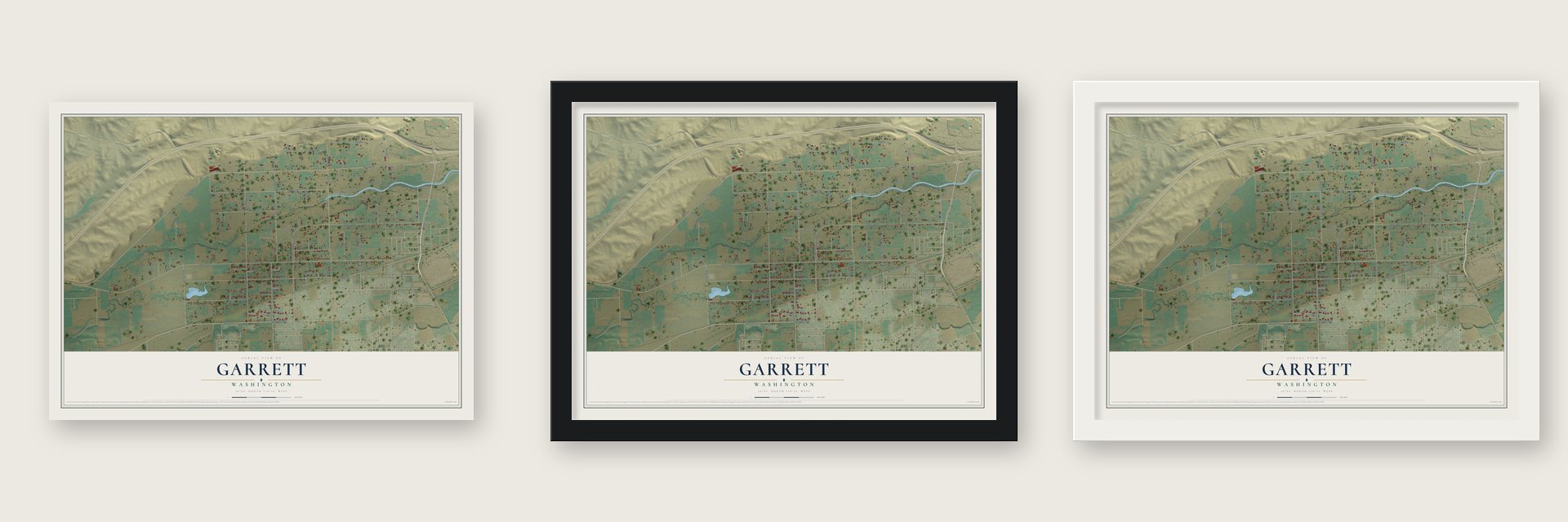 Garrett, Washington map unframed, in a black wood frame and in a white wood frame