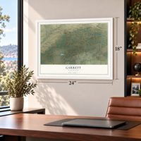 Garrett, Washington map, 18 x 24 inch print in a white frame in a home office