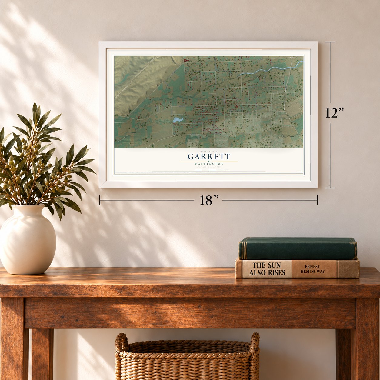 Garrett, Washington map, 12 x 18 inch print in a white frame in an entryway