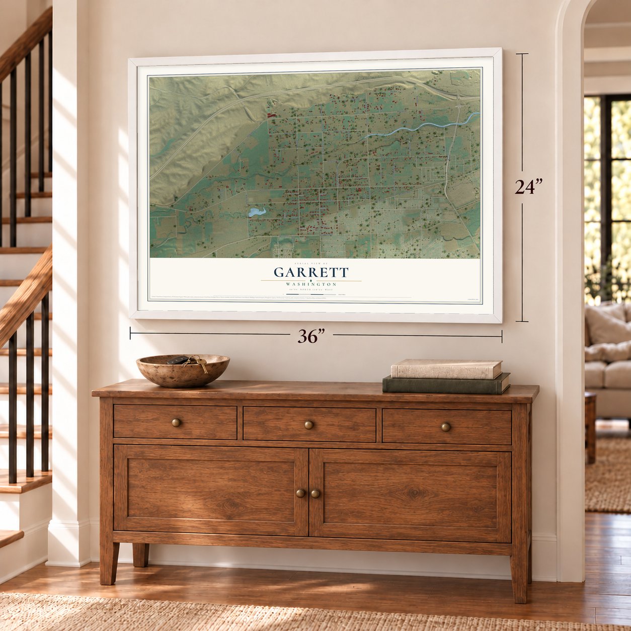 Garrett, Washington map, 24 x 36 inch print in a white frame above a dresser by a staircase