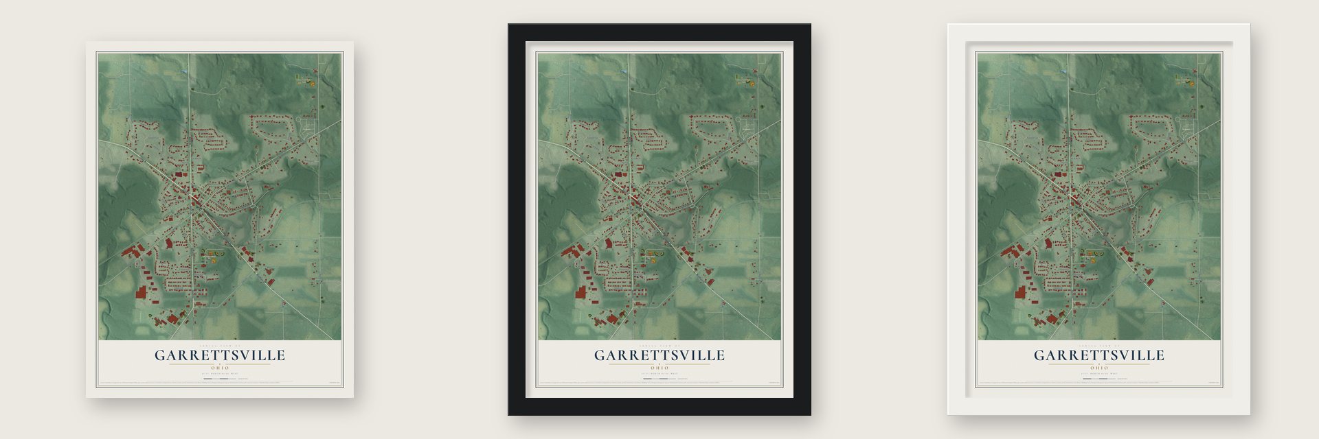 Garrettsville, Ohio map unframed, in a black wood frame and in a white wood frame