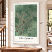 Garrettsville, Ohio map, 24 x 36 inch print in a white frame by a staircase