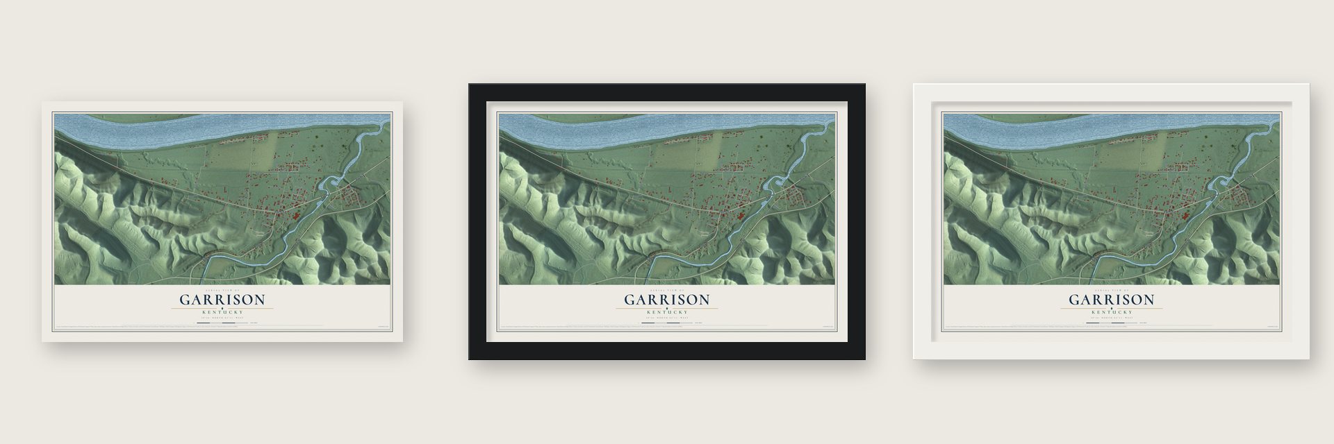 Garrison, Kentucky map unframed, in a black wood frame and in a white wood frame
