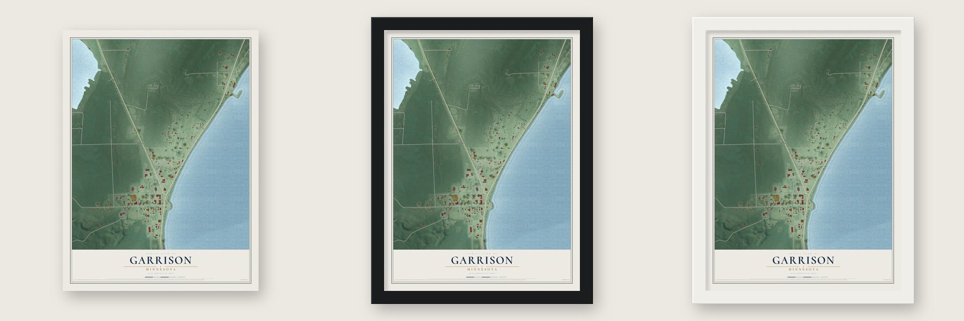 Garrison, Minnesota map unframed, in a black wood frame and in a white wood frame