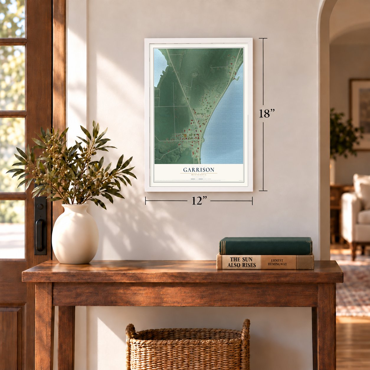 Garrison, Minnesota map, 12 x 18 inch print in a white frame in an entryway