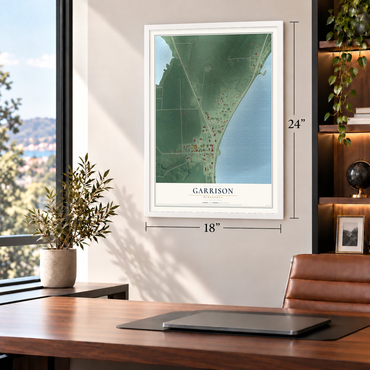 Garrison, Minnesota map, 18 x 24 inch print in a white frame in a home office