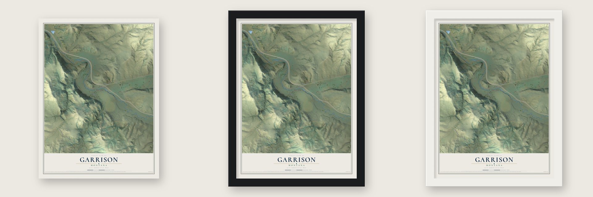 Garrison, Montana map unframed, in a black wood frame and in a white wood frame