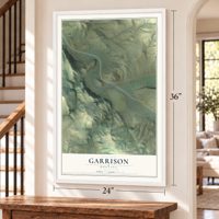 Garrison, Montana map, 24 x 36 inch print in a white frame by a staircase
